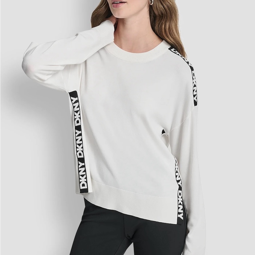 NWT DKNY Long Sleeve Logo Tape Sweater Ivory w/black logo accents Size M